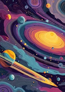Vibrant Cosmic Galaxy with Planets
