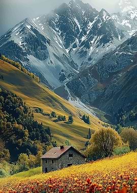 Stone house in a mountain meadow
