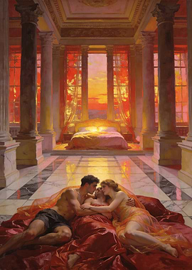 Romantic Sunset Embrace in Classical Setting