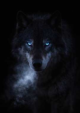 Wolf with glowing blue eyes