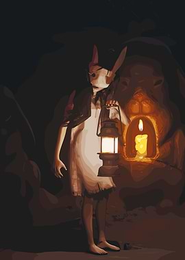 Masked figure with lantern in dark cave