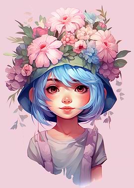 Explorer Girl with Blue Hair and Flower Hat