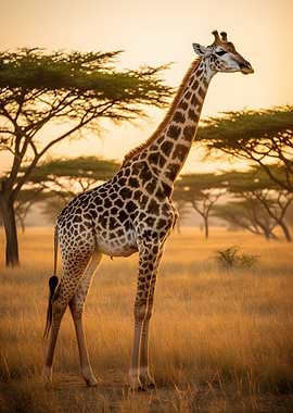 Giraffe in African Savannah Sunset