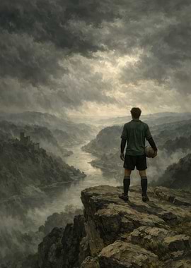 Soccer Player on Cliff Overlooking Valley