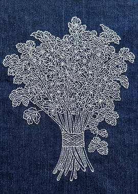 White Embroidery of Parsley on Denim