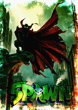 Spawn sitting on gargoyle in city