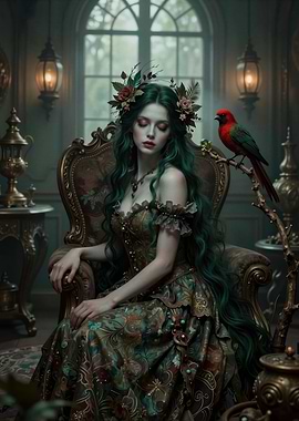 Enchantress with Green Hair and Bird