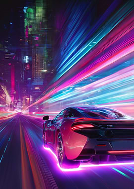 Cyberpunk Car Speeding Through Neon City