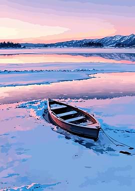Boat on a Frozen Shore at Sunset