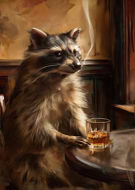Raccoon Smoking and Drinking Whiskey