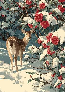 Deer in Snowy Camellias