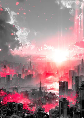 Futuristic Cityscape with Pink Haze