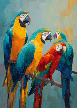 Four Colorful Macaws on a Branch