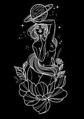 Cosmic Woman with Planet and Flowers