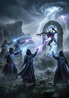 Mages summoning a demon during a storm