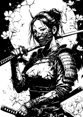 Samurai Woman with Mask and Swords