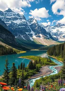 Turquoise Lake and Snow-Capped Mountains