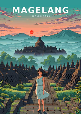 Anime Poster of Borobudur Temple at Sunset