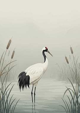 Red-crowned Crane in Misty Marsh
