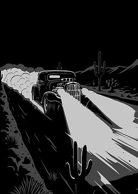 Hot Rod Speeds Through Desert Night Vector Art