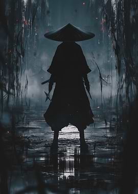 Silhouette Samurai in Misty Forest