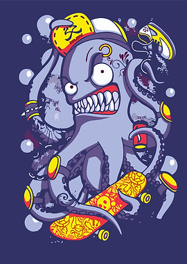 Angry Octopus Skater with Skateboard