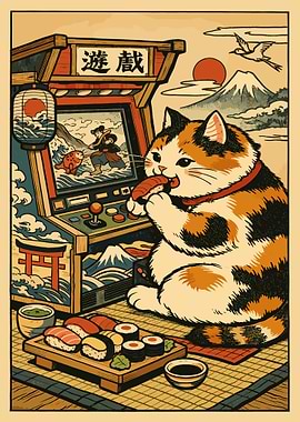 Calico Cat Sushi Poster, Japanese Arcade Art Print, Samurai Mount Fuji Wall Decor