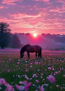Horse in a field at sunset