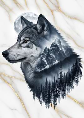 Wolf with Mountain Landscape Overlay