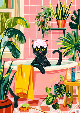 Cat taking a bath with plants