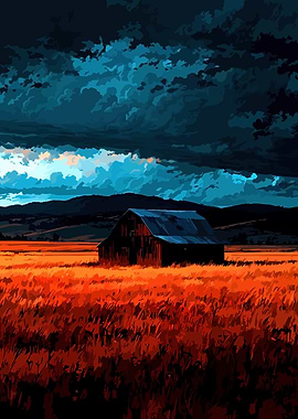 Barn in a field under stormy sky