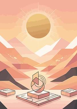 Abstract Desert Landscape with Sun and Sculpture