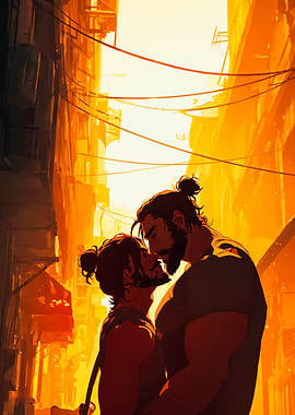 Golden Hour Urban Embrace Illustration