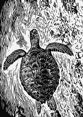 Sea Turtle Swimming Through Kelp