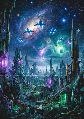 Alien Cityscape with Spaceships in Nebula