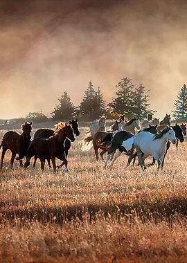 Horses running in a field at sunset