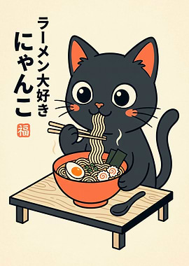 Cute Cat Eating Ramen