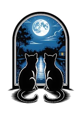 Two Black Cats at a Moonlit Window