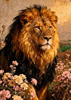 Majestic Lion in a Field of Flowers