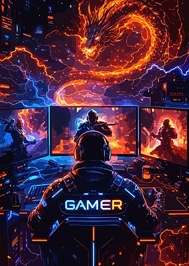 Gamer with Fiery Dragon