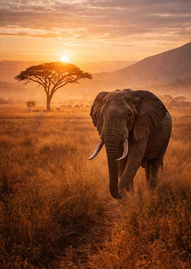 Elephant walking at sunset