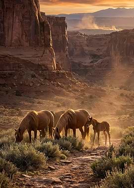Wild Horses in a Desert Canyon at Sunset