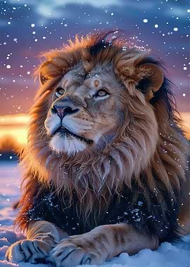 Majestic Lion in Snowy Sunset