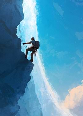 Climber rappelling down a waterfall