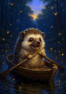 Hedgehog rowing a boat at night