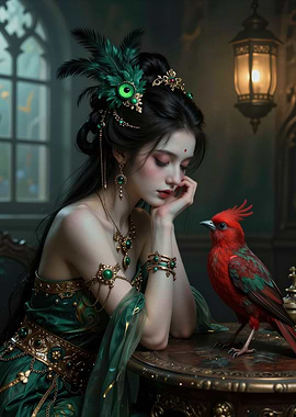 Enchanting Woman with Red Bird