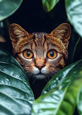 Wild Cat Peeking Through Green Leaves