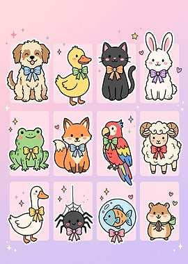 Cute Kawaii Animals Sticker Sheet