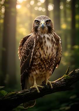 Hawk perched on a mossy branch