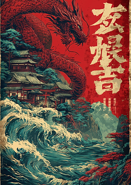 Red Dragon Over Japanese Landscape